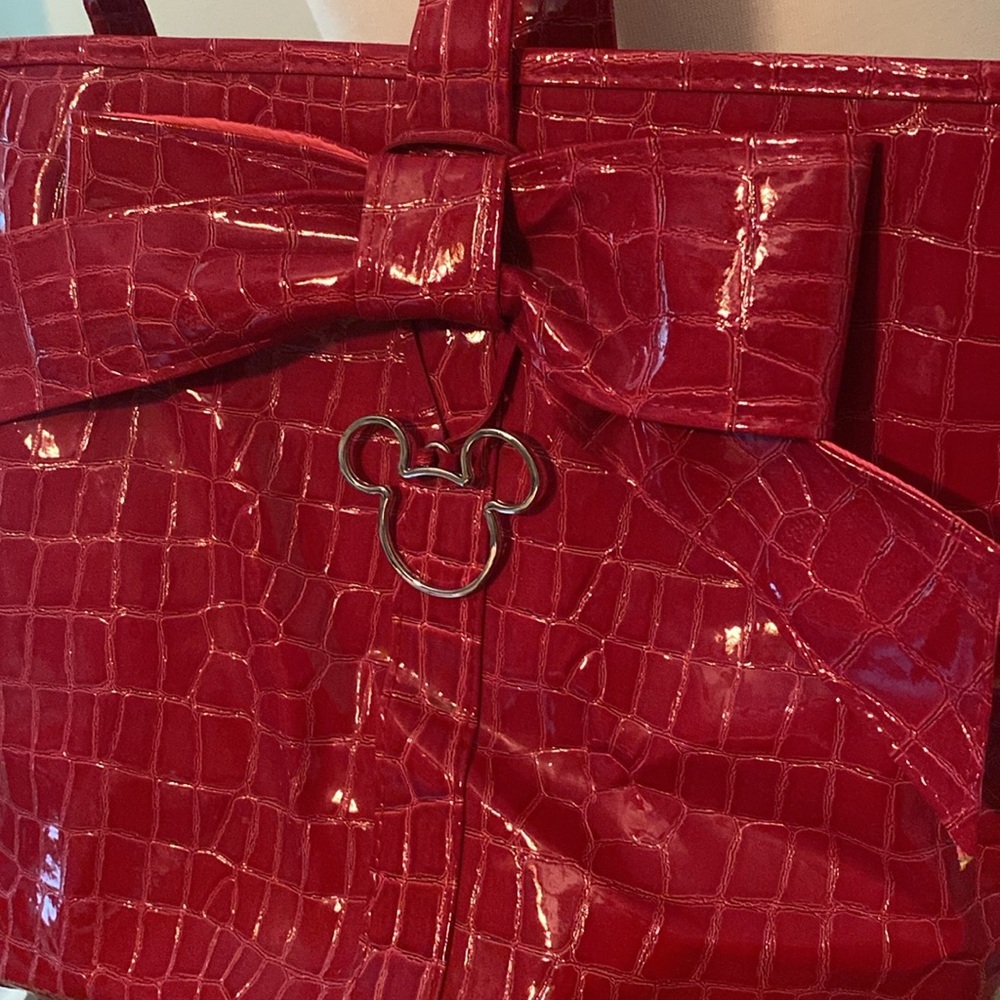 Disney Parks Crocodile Texture Tote Bag with Bow & Mickey Icon Bag Charm - Picture 3 of 7